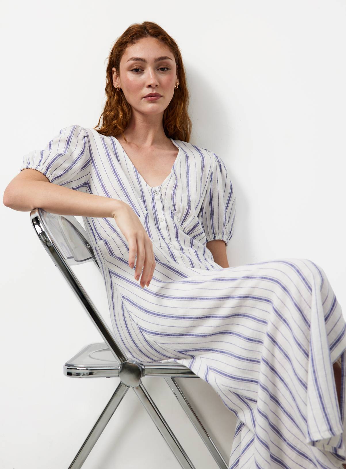 White Stripe Print Linen Blend Midaxi Dress 8 - Image 1